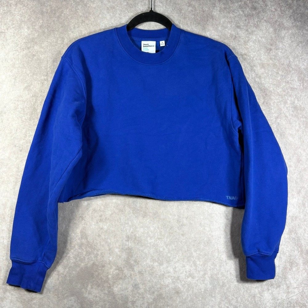 Aritzia TNA Perfect Sweatshirt Womens Small Blue Cozy Fleece Pullover Cropped